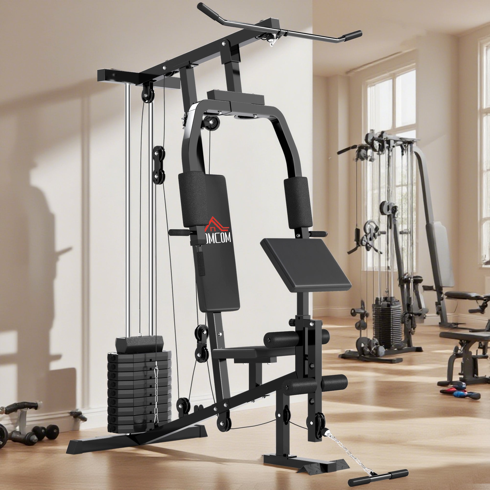 Home Gym Strength Training Station with Lat Pulldown, Cable Row, Short Biceps Bar, Chest Press, Leg Trainer, Butterfly Machine 45kg Weights Multifunction Fitness Station Black