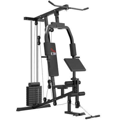 Home Gym Strength Training Station with Lat Pulldown, Cable Row, Short Biceps Bar, Chest Press, Leg Trainer, Butterfly Machine 45kg Weights Multifunction Fitness Station Black