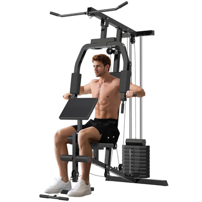 Home Gym Strength Training Station with Lat Pulldown, Cable Row, Short Biceps Bar, Chest Press, Leg Trainer, Butterfly Machine 45kg Weights Multifunction Fitness Station Black