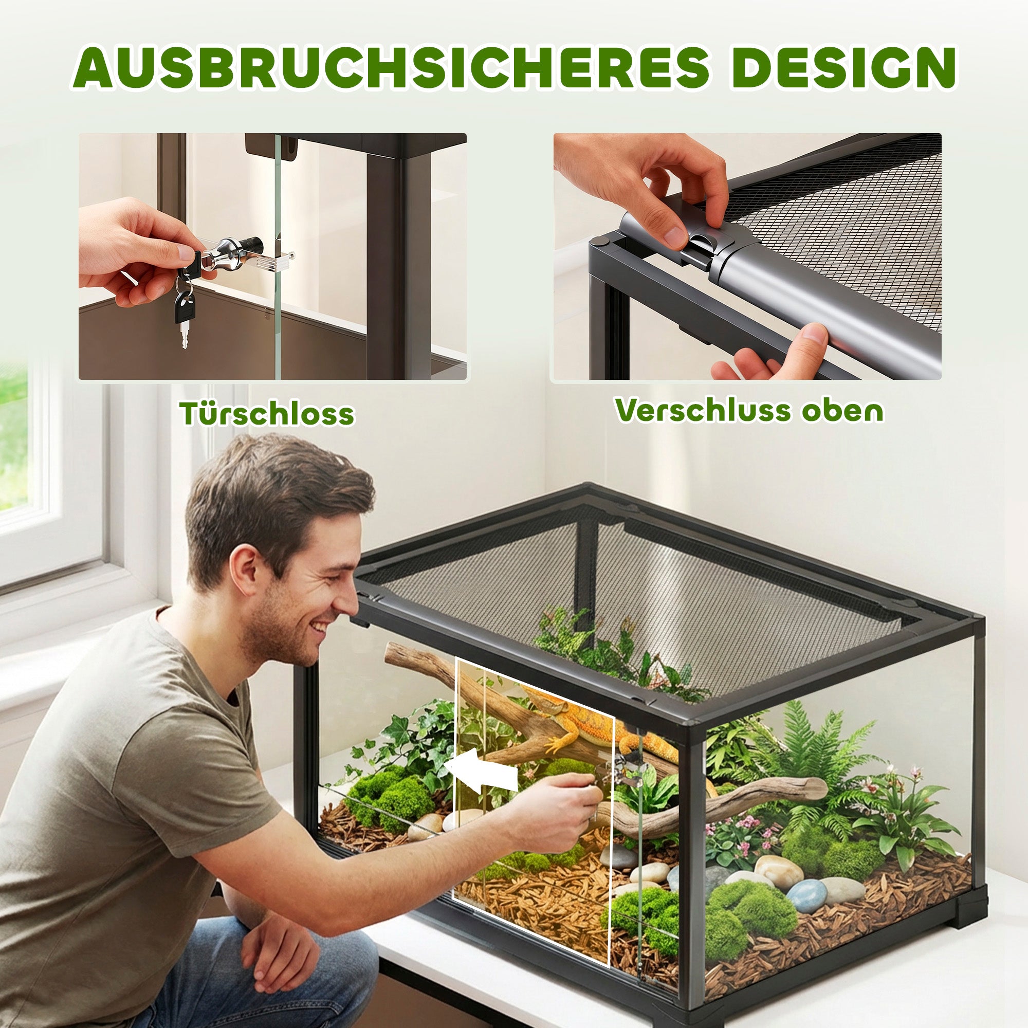 Glass Reptile Terrarium, Escape-Proof Sliding Door with Dual Lock, Black – 60 x 45 x 32 cm (86.3 L)