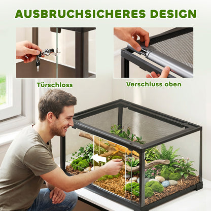 Glass Reptile Terrarium, Escape-Proof Sliding Door with Dual Lock, Black – 60 x 45 x 32 cm (86.3 L)