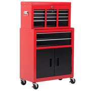 Workshop Trolley with Tool Box Tool Trolley Empty Lockable with 6 Drawers, Cabinet Compartment, Anti-slip Mats, 2 Keys Metal Tool Cabinet Red+Black