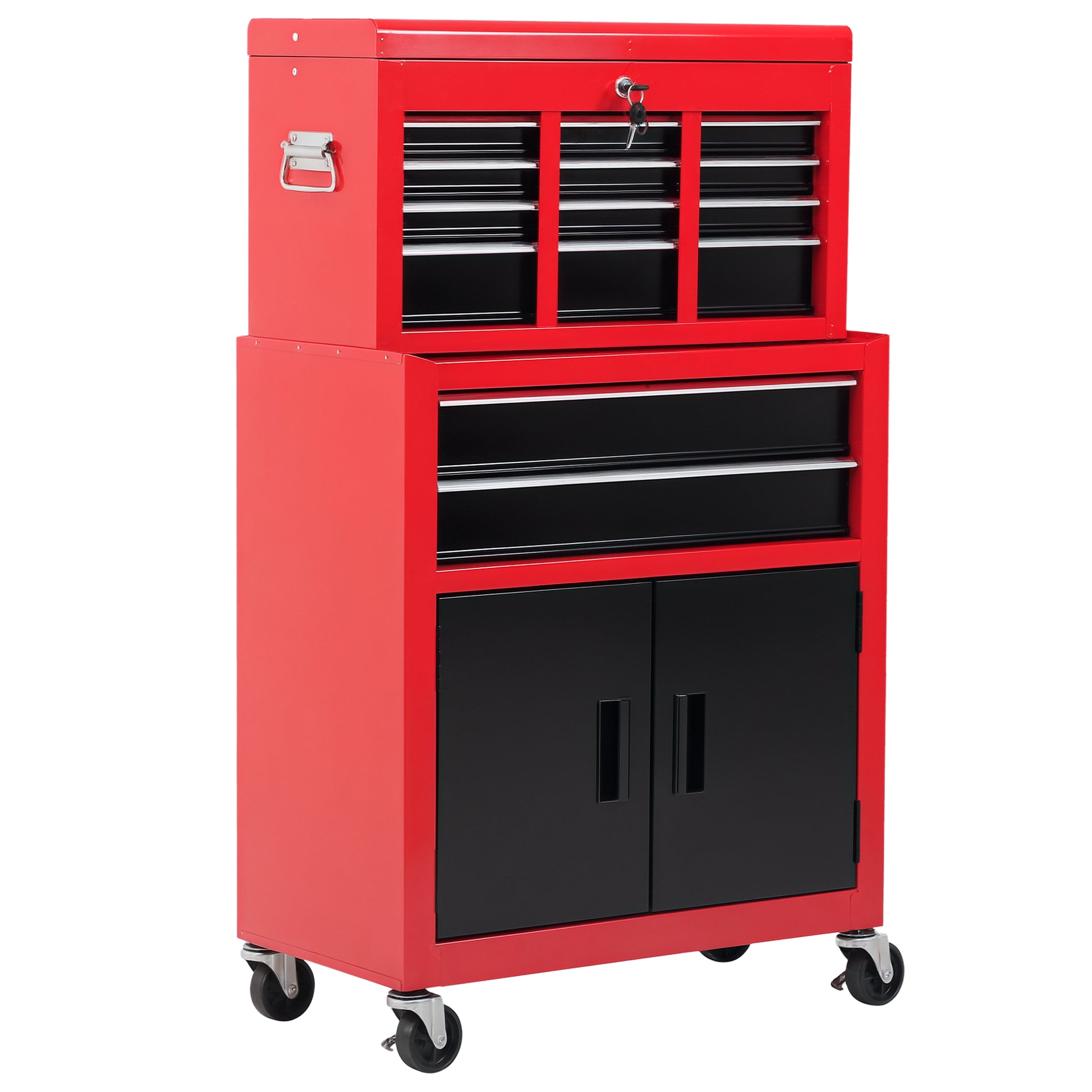 Workshop Trolley with Tool Box Tool Trolley Empty Lockable with 6 Drawers, Cabinet Compartment, Anti-slip Mats, 2 Keys Metal Tool Cabinet Red+Black