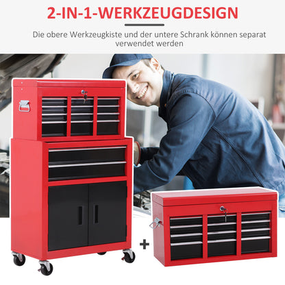 Workshop Trolley with Tool Box Tool Trolley Empty Lockable with 6 Drawers, Cabinet Compartment, Anti-slip Mats, 2 Keys Metal Tool Cabinet Red+Black