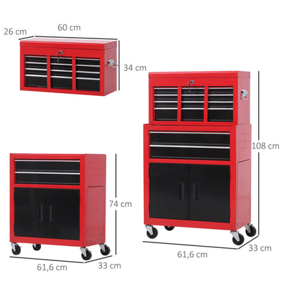 Workshop Trolley with Tool Box Tool Trolley Empty Lockable with 6 Drawers, Cabinet Compartment, Anti-slip Mats, 2 Keys Metal Tool Cabinet Red+Black