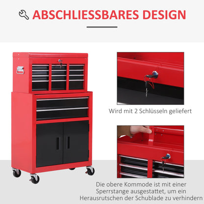 Workshop Trolley with Tool Box Tool Trolley Empty Lockable with 6 Drawers, Cabinet Compartment, Anti-slip Mats, 2 Keys Metal Tool Cabinet Red+Black