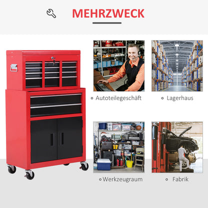 Workshop Trolley with Tool Box Tool Trolley Empty Lockable with 6 Drawers, Cabinet Compartment, Anti-slip Mats, 2 Keys Metal Tool Cabinet Red+Black