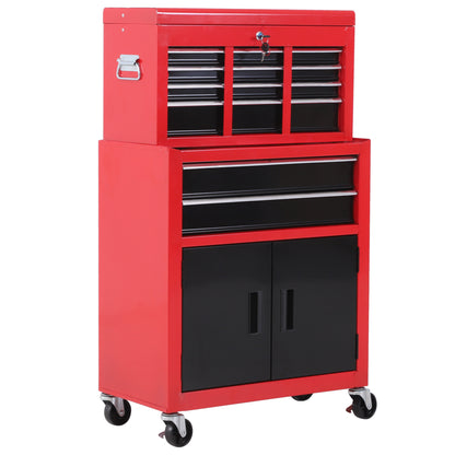 Workshop Trolley with Tool Box Tool Trolley Empty Lockable with 6 Drawers, Cabinet Compartment, Anti-slip Mats, 2 Keys Metal Tool Cabinet Red+Black