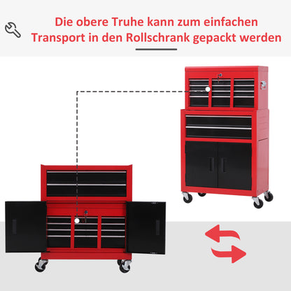 Workshop Trolley with Tool Box Tool Trolley Empty Lockable with 6 Drawers, Cabinet Compartment, Anti-slip Mats, 2 Keys Metal Tool Cabinet Red+Black