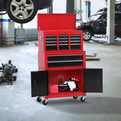 Workshop Trolley with Tool Box Tool Trolley Empty Lockable with 6 Drawers, Cabinet Compartment, Anti-slip Mats, 2 Keys Metal Tool Cabinet Red+Black