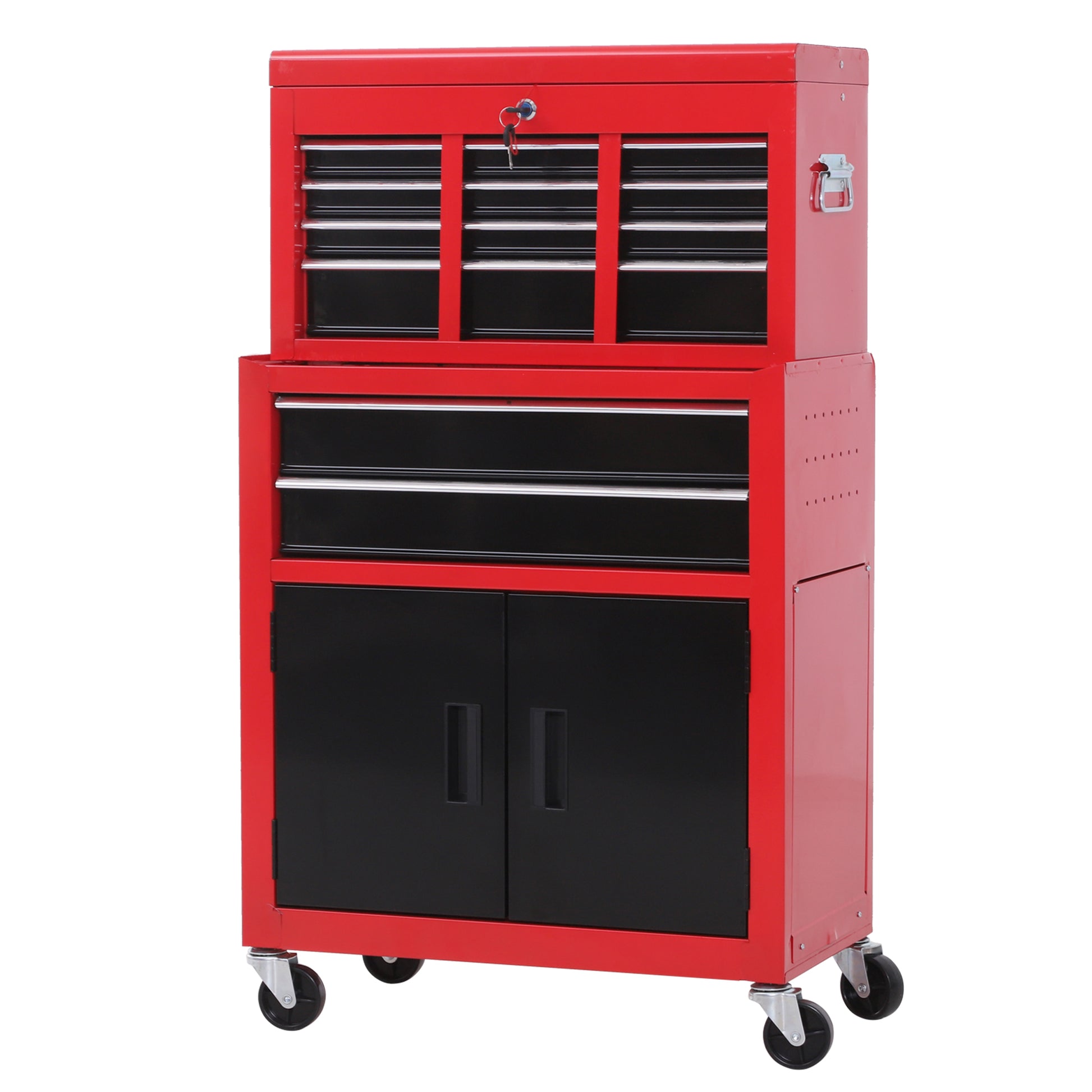 Workshop Trolley with Tool Box Tool Trolley Empty Lockable with 6 Drawers, Cabinet Compartment, Anti-slip Mats, 2 Keys Metal Tool Cabinet Red+Black