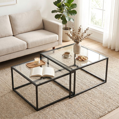 2-Piece Square Nesting Coffee Tables with Tempered Glass Tops & Metal Frame, Space-Saving Black — Large: 29.5 x 29.5 x 16.5 in; Small: 25.6 x 25.6 x 14.2 in