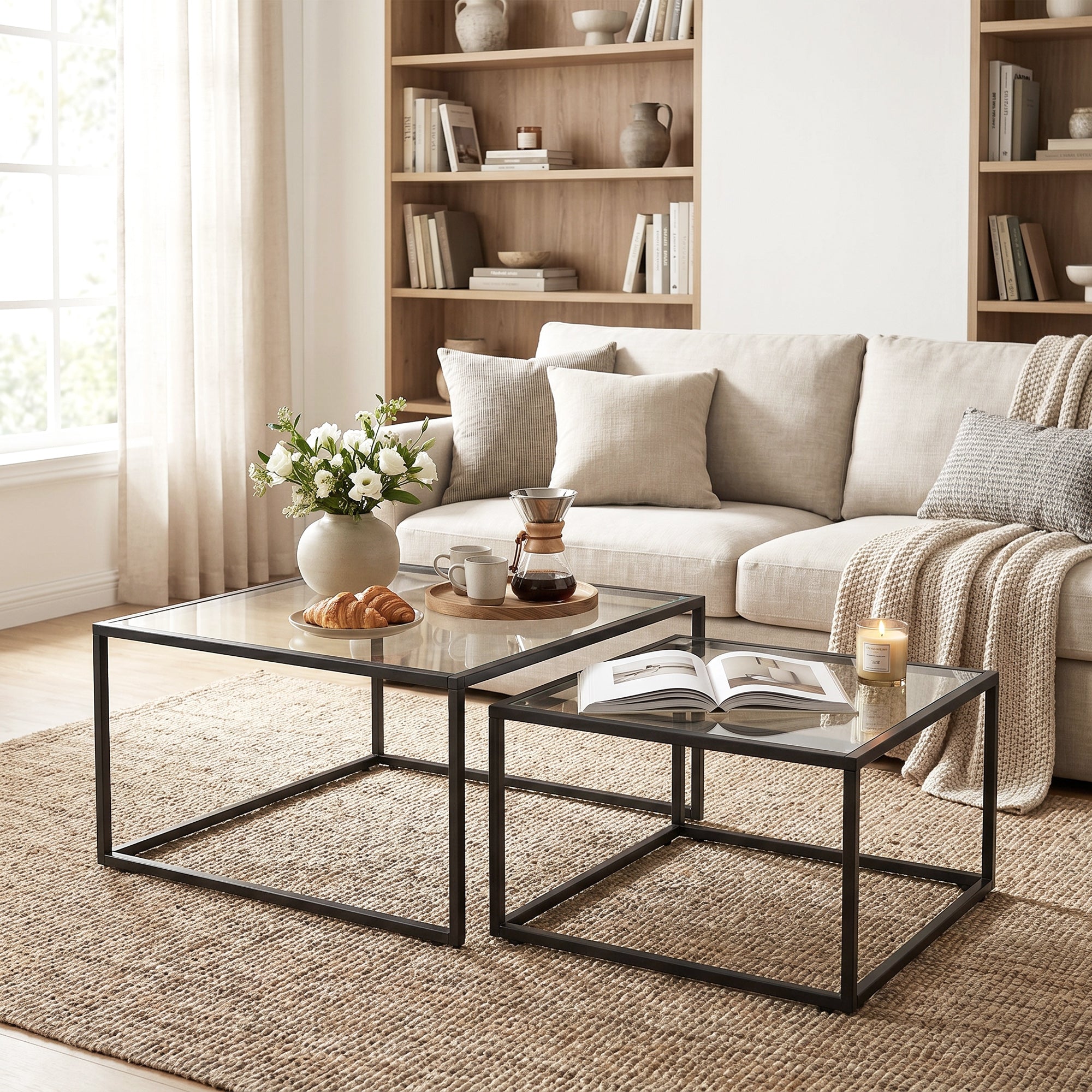 2-Piece Square Nesting Coffee Tables with Tempered Glass Tops & Metal Frame, Space-Saving Black — Large: 29.5 x 29.5 x 16.5 in; Small: 25.6 x 25.6 x 14.2 in