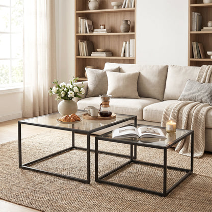 2-Piece Square Nesting Coffee Tables with Tempered Glass Tops & Metal Frame, Space-Saving Black — Large: 29.5 x 29.5 x 16.5 in; Small: 25.6 x 25.6 x 14.2 in