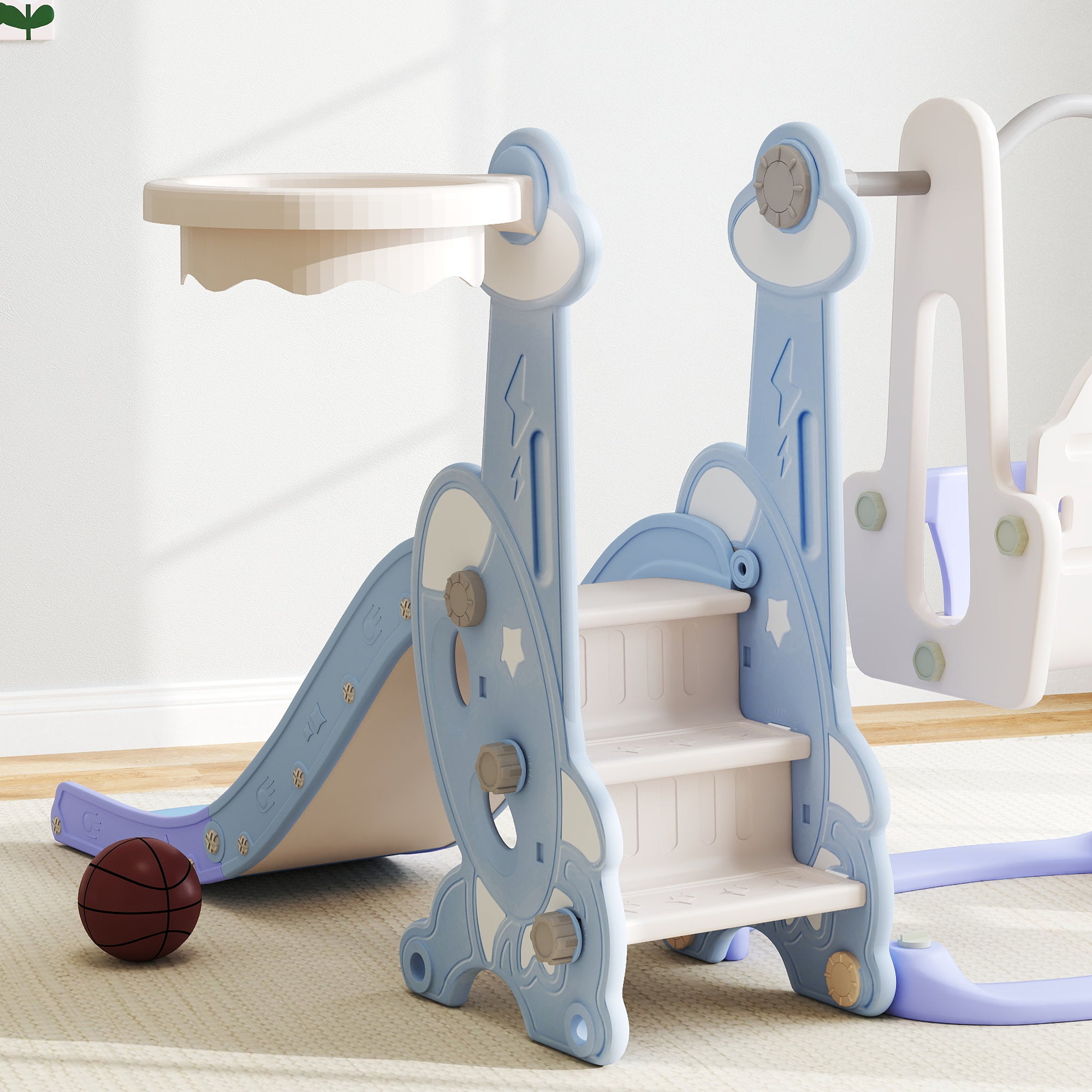 4-in-1 Slide for Kids with Swing, Basketball Hoop, Climbing Frame, Toddler Slide with Rocket Design Indoor and Outdoor Playground for Children 1.5-4 Years Light Blue