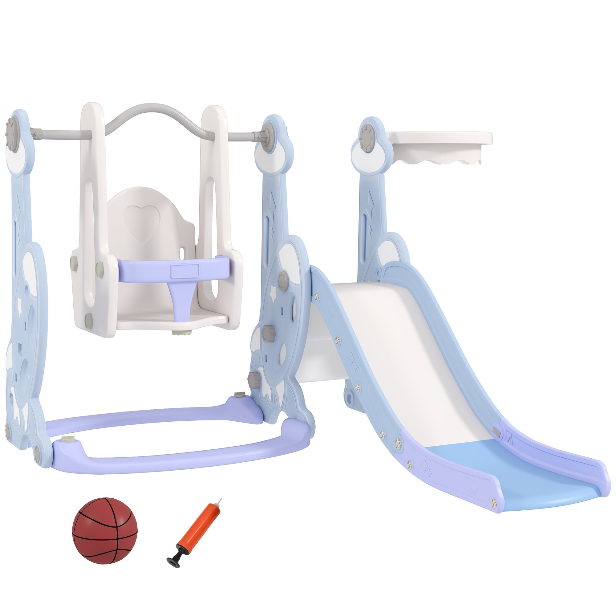 4-in-1 Slide for Kids with Swing, Basketball Hoop, Climbing Frame, Toddler Slide with Rocket Design Indoor and Outdoor Playground for Children 1.5-4 Years Light Blue