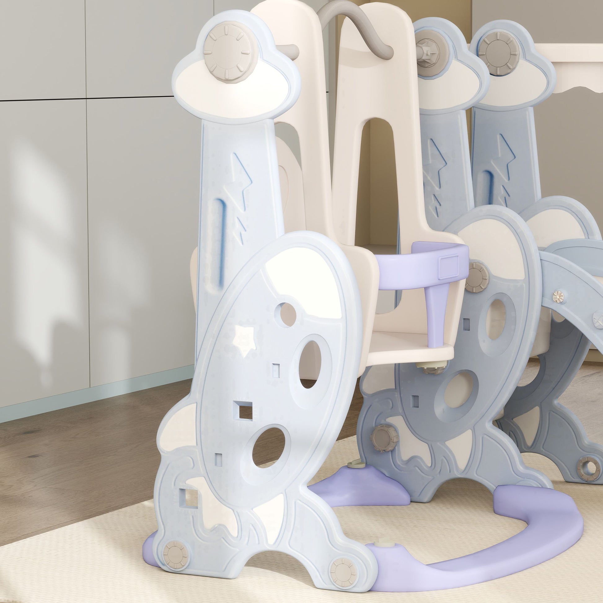 4-in-1 Slide for Kids with Swing, Basketball Hoop, Climbing Frame, Toddler Slide with Rocket Design Indoor and Outdoor Playground for Children 1.5-4 Years Light Blue