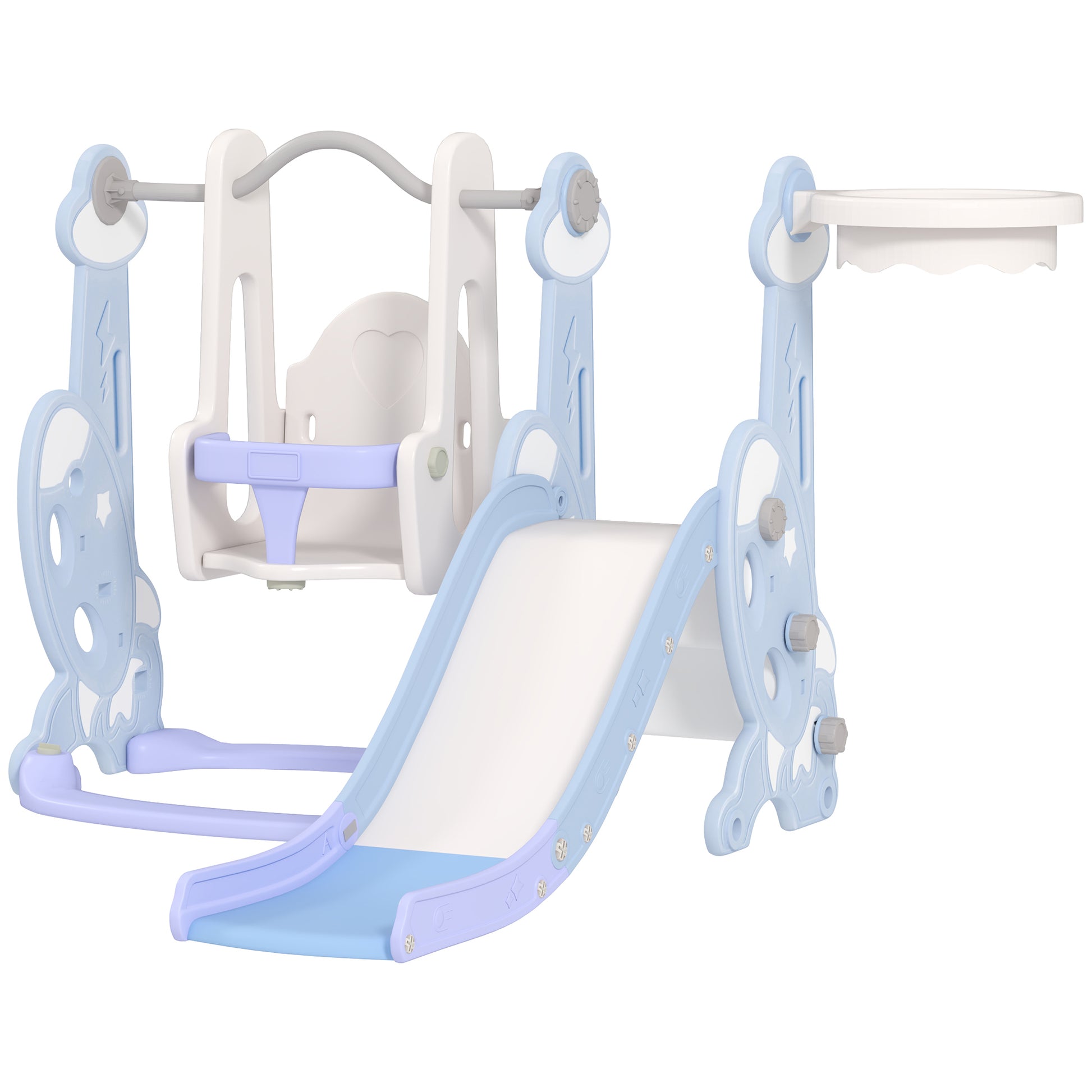 4-in-1 Slide for Kids with Swing, Basketball Hoop, Climbing Frame, Toddler Slide with Rocket Design Indoor and Outdoor Playground for Children 1.5-4 Years Light Blue