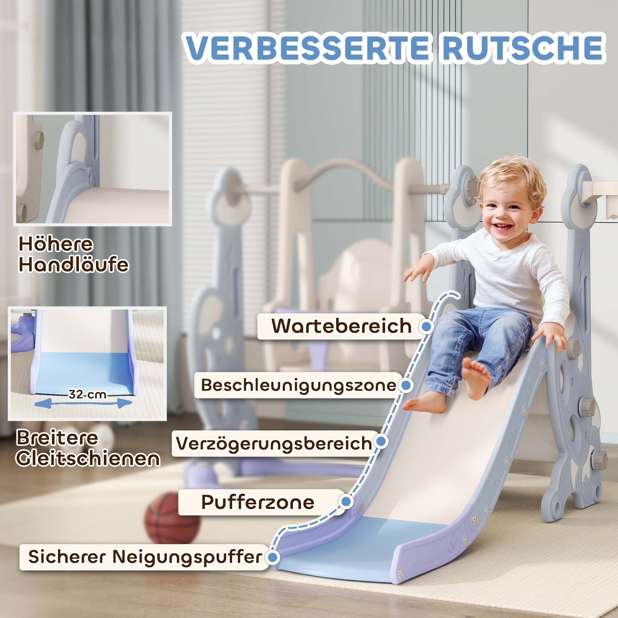 4-in-1 Slide for Kids with Swing, Basketball Hoop, Climbing Frame, Toddler Slide with Rocket Design Indoor and Outdoor Playground for Children 1.5-4 Years Light Blue