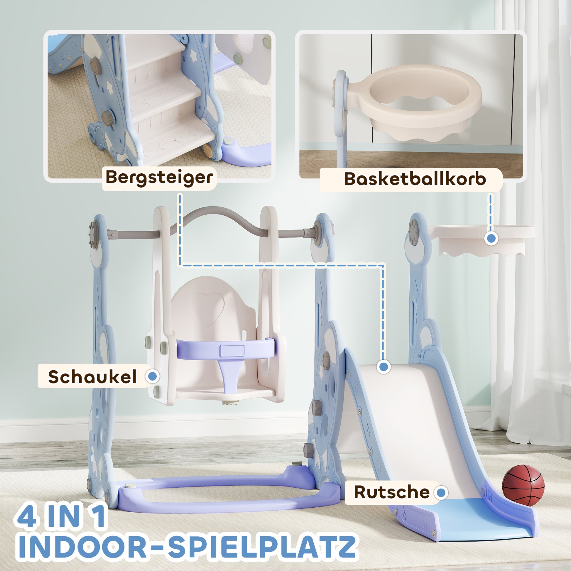 4-in-1 Slide for Kids with Swing, Basketball Hoop, Climbing Frame, Toddler Slide with Rocket Design Indoor and Outdoor Playground for Children 1.5-4 Years Light Blue