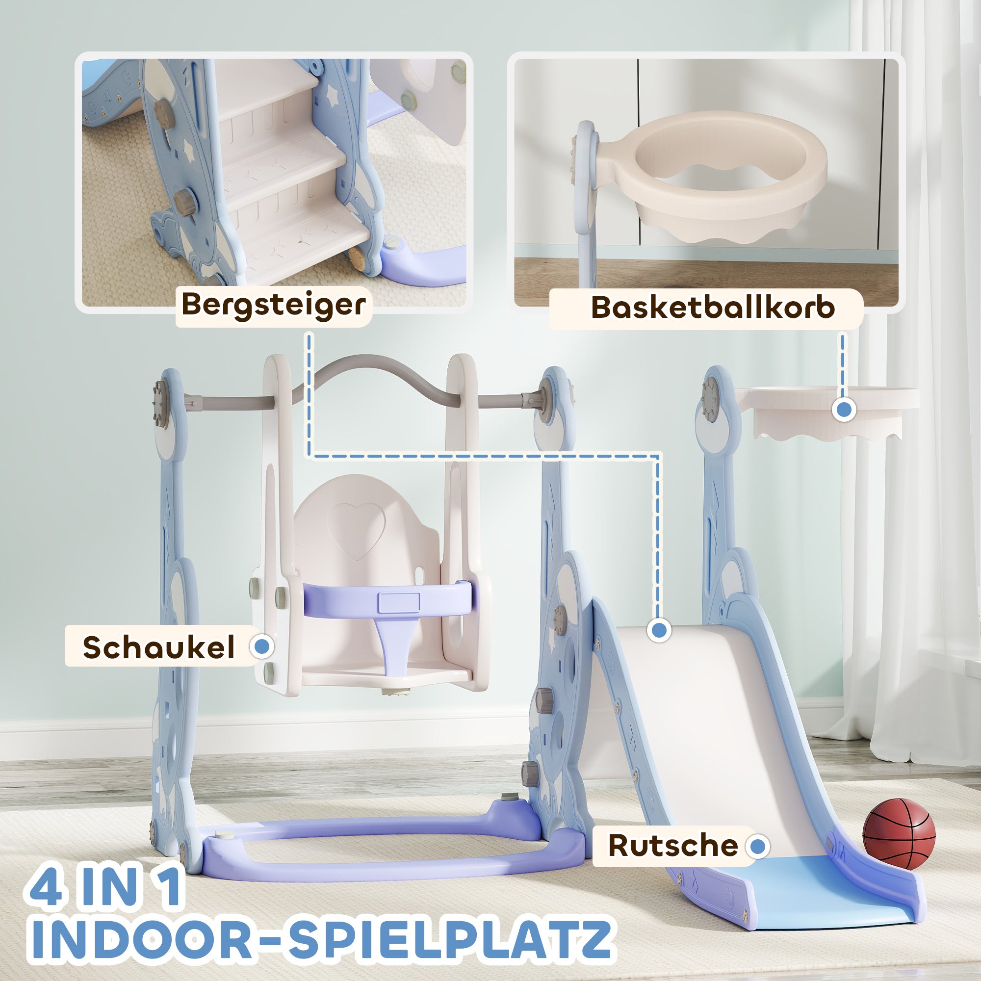 4-in-1 Slide for Kids with Swing, Basketball Hoop, Climbing Frame, Toddler Slide with Rocket Design Indoor and Outdoor Playground for Children 1.5-4 Years Light Blue