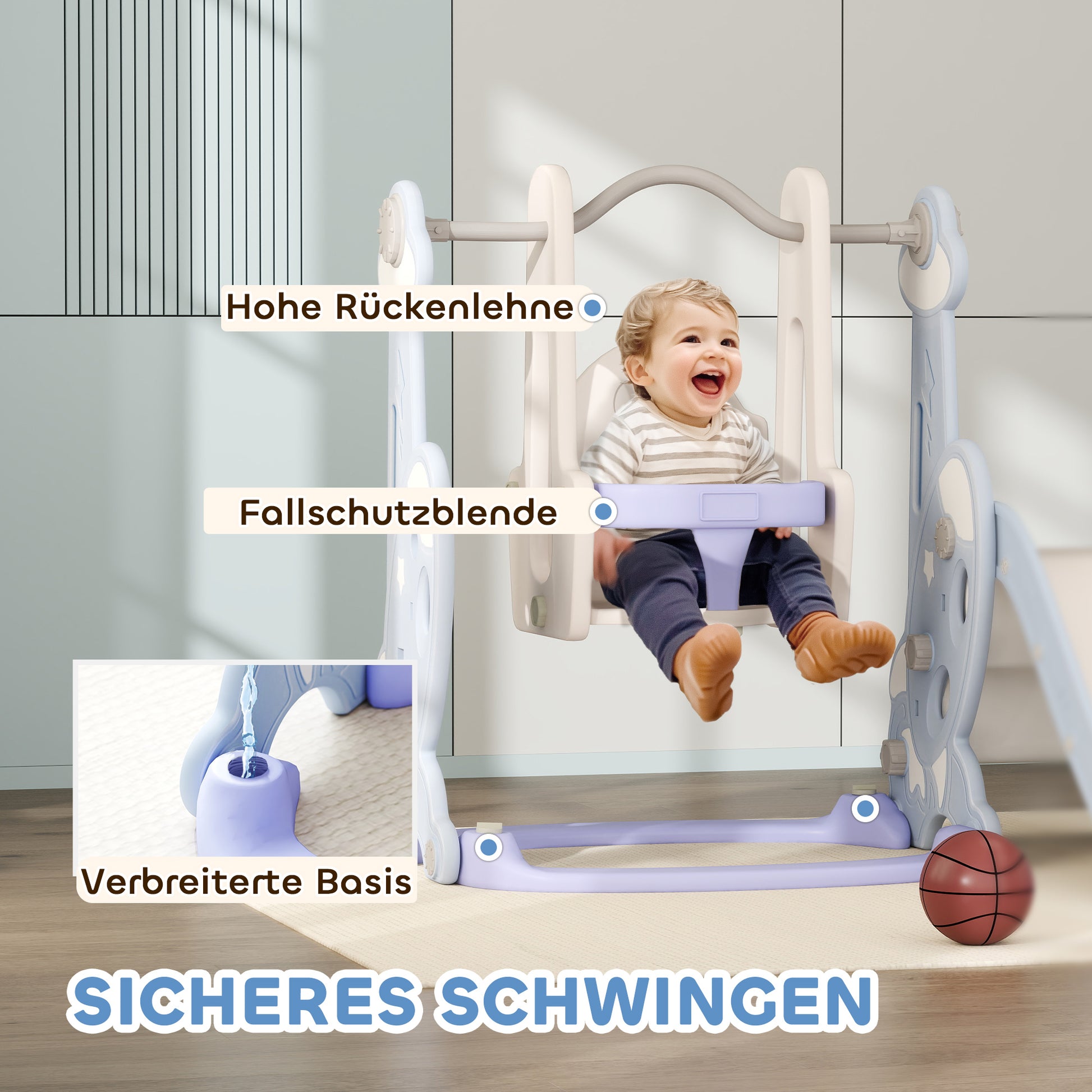4-in-1 Slide for Kids with Swing, Basketball Hoop, Climbing Frame, Toddler Slide with Rocket Design Indoor and Outdoor Playground for Children 1.5-4 Years Light Blue