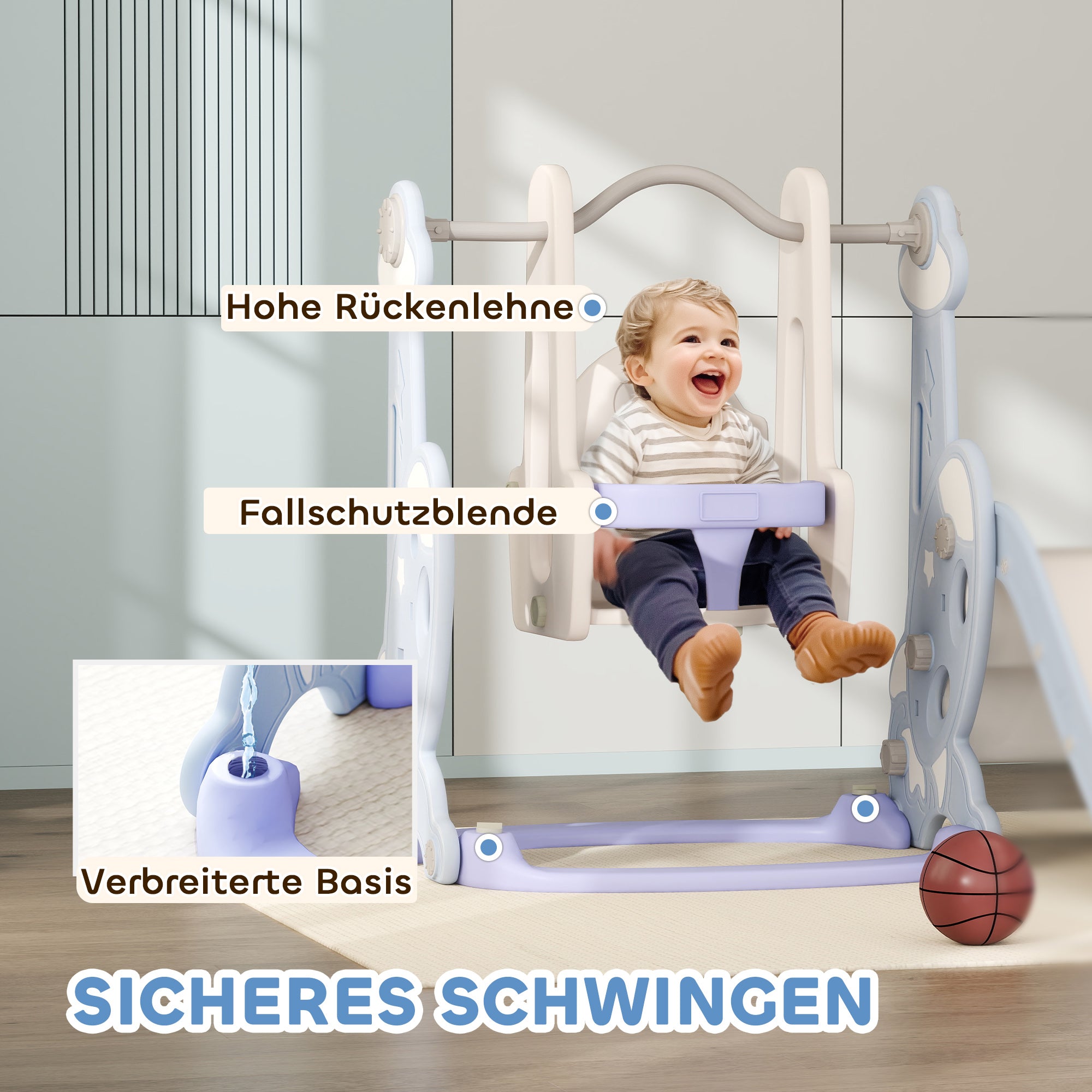 4-in-1 Slide for Kids with Swing, Basketball Hoop, Climbing Frame, Toddler Slide with Rocket Design Indoor and Outdoor Playground for Children 1.5-4 Years Light Blue