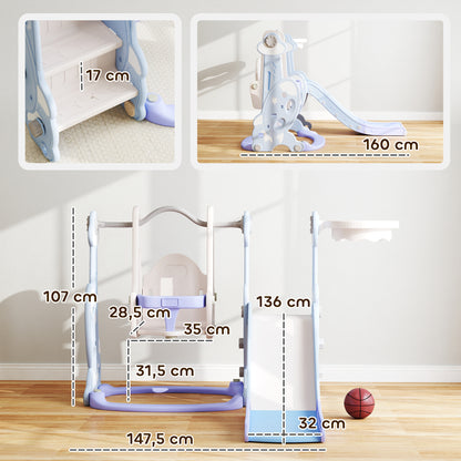 4-in-1 Slide for Kids with Swing, Basketball Hoop, Climbing Frame, Toddler Slide with Rocket Design Indoor and Outdoor Playground for Children 1.5-4 Years Light Blue