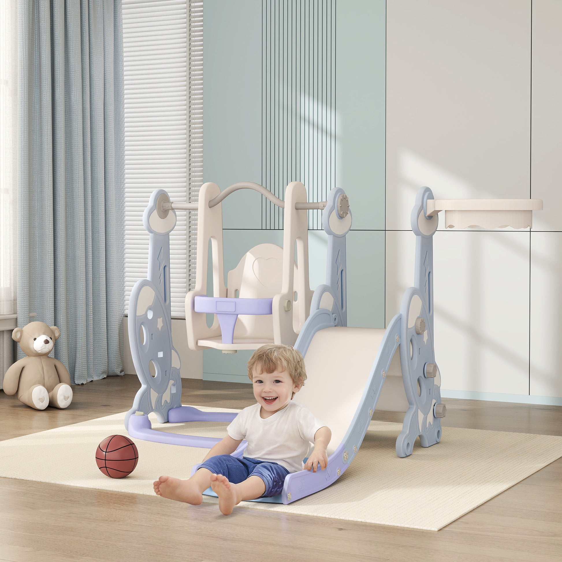 4-in-1 Slide for Kids with Swing, Basketball Hoop, Climbing Frame, Toddler Slide with Rocket Design Indoor and Outdoor Playground for Children 1.5-4 Years Light Blue