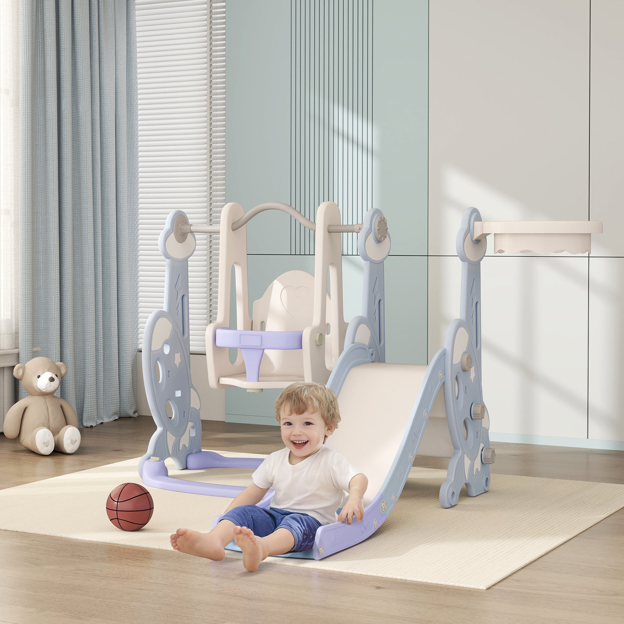 4-in-1 Slide for Kids with Swing, Basketball Hoop, Climbing Frame, Toddler Slide with Rocket Design Indoor and Outdoor Playground for Children 1.5-4 Years Light Blue