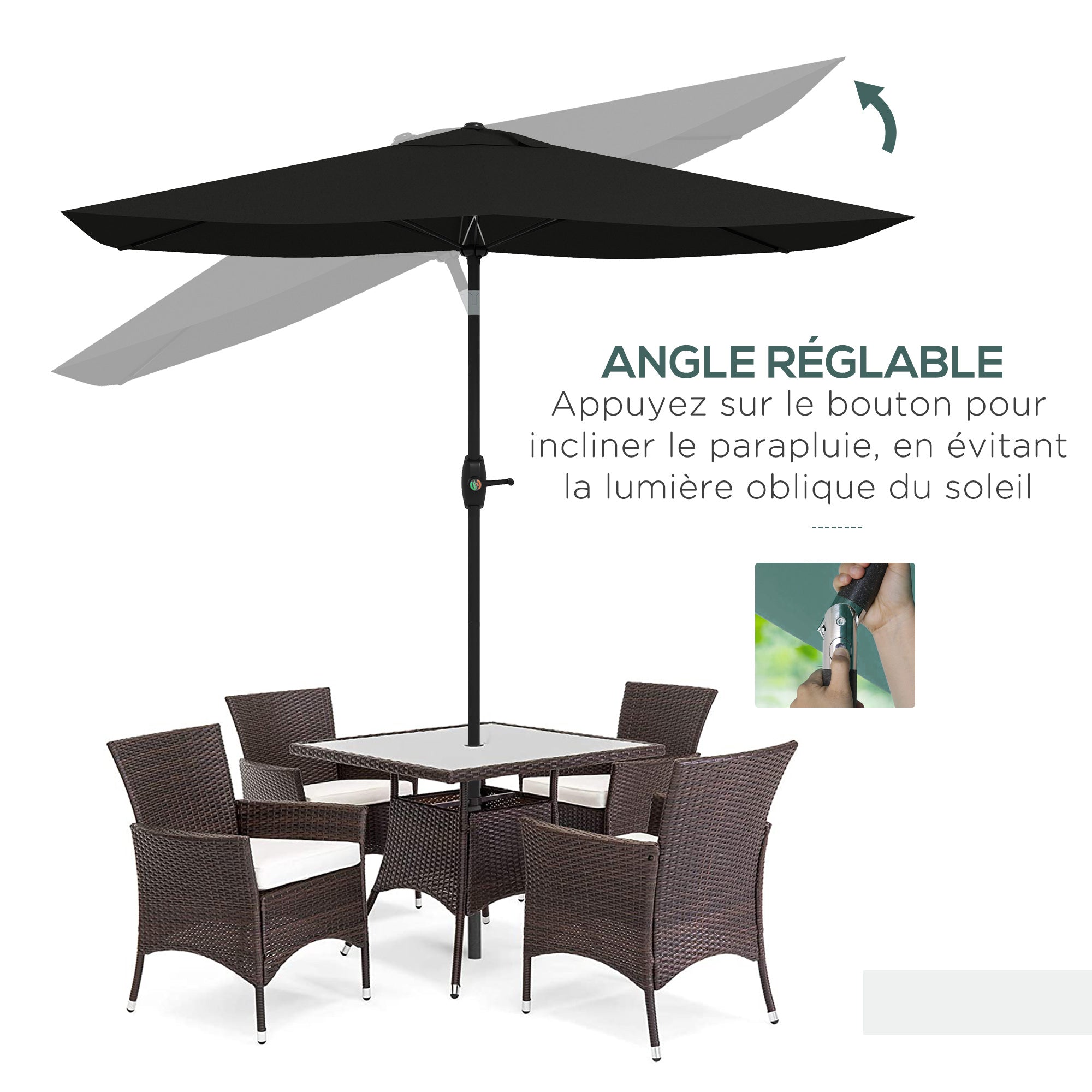 Garden Parasol Straight Rectangular Tilted Parasol 2 x 3m with Crank High Density Waterproof Polyester Canvas 180g/m² Black