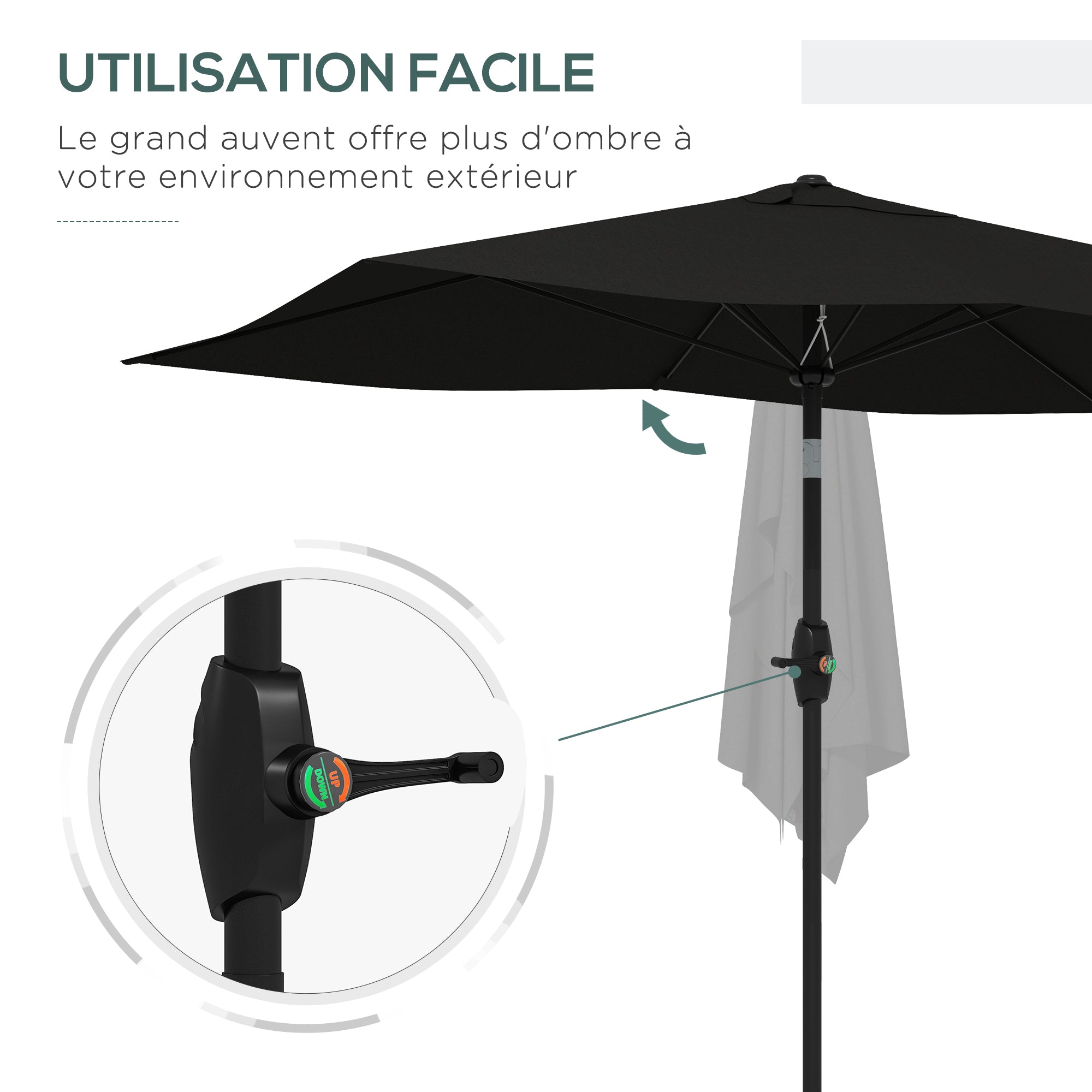 Garden Parasol Straight Rectangular Tilted Parasol 2 x 3m with Crank High Density Waterproof Polyester Canvas 180g/m² Black