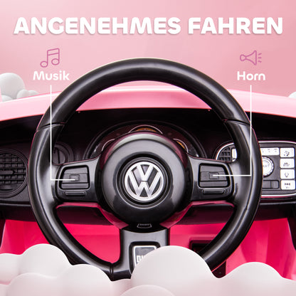 Kids Electric Car 12V Volkswagen Beetle Kids Car with 2.4G Remote Control, Music, Horn, Electric Vehicle with LED Lights, USB/MP3 Connection, 3-5 km/h, for Kids 3-5 Years, Pink