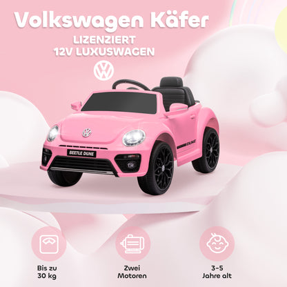 Kids Electric Car 12V Volkswagen Beetle Kids Car with 2.4G Remote Control, Music, Horn, Electric Vehicle with LED Lights, USB/MP3 Connection, 3-5 km/h, for Kids 3-5 Years, Pink