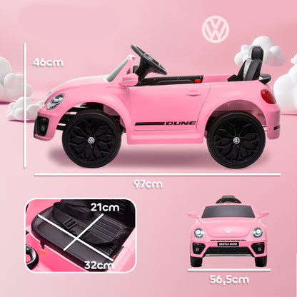 Kids Electric Car 12V Volkswagen Beetle Kids Car with 2.4G Remote Control, Music, Horn, Electric Vehicle with LED Lights, USB/MP3 Connection, 3-5 km/h, for Kids 3-5 Years, Pink