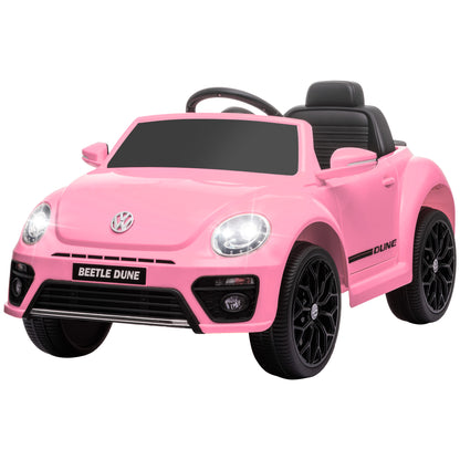 Kids Electric Car 12V Volkswagen Beetle Kids Car with 2.4G Remote Control, Music, Horn, Electric Vehicle with LED Lights, USB/MP3 Connection, 3-5 km/h, for Kids 3-5 Years, Pink