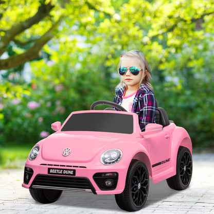 Kids Electric Car 12V Volkswagen Beetle Kids Car with 2.4G Remote Control, Music, Horn, Electric Vehicle with LED Lights, USB/MP3 Connection, 3-5 km/h, for Kids 3-5 Years, Pink