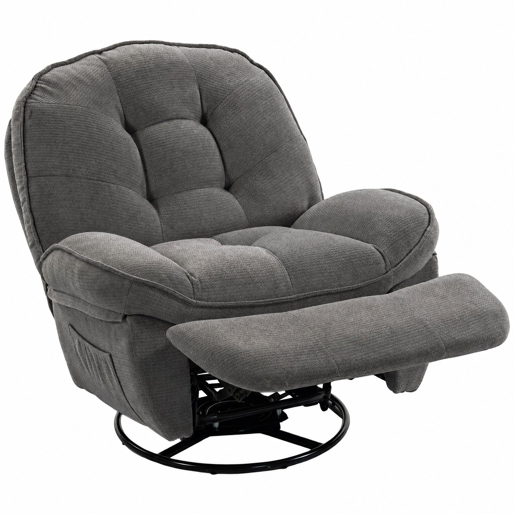 Relax Recliner, 360° Swivel & Rocking Chair, Manual Chenille Armchair with Wide Seat, High Back, Footrest & Side Pockets, Light Gray