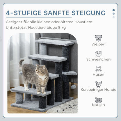 Cat Stairs 4-Step Pet Stairs with Scratching Posts Ball Dog Stairs Pet Stairs for Cats up to 5 kg Plush Jute Gray 60 x 40 x 64 cm
