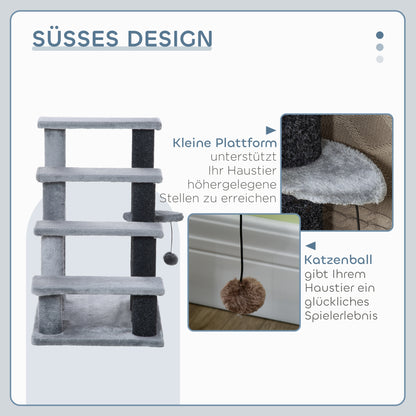 Cat Stairs 4-Step Pet Stairs with Scratching Posts Ball Dog Stairs Pet Stairs for Cats up to 5 kg Plush Jute Gray 60 x 40 x 64 cm