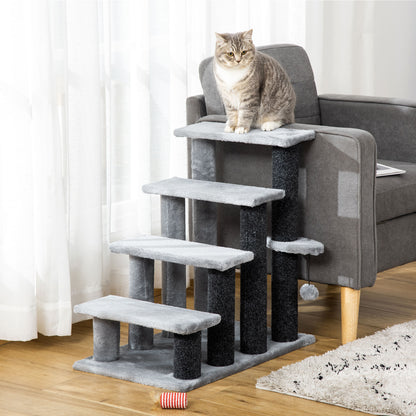 Cat Stairs 4-Step Pet Stairs with Scratching Posts Ball Dog Stairs Pet Stairs for Cats up to 5 kg Plush Jute Gray 60 x 40 x 64 cm