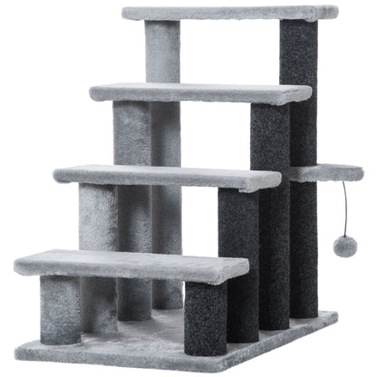 Cat Stairs 4-Step Pet Stairs with Scratching Posts Ball Dog Stairs Pet Stairs for Cats up to 5 kg Plush Jute Gray 60 x 40 x 64 cm