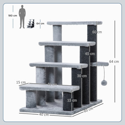 Cat Stairs 4-Step Pet Stairs with Scratching Posts Ball Dog Stairs Pet Stairs for Cats up to 5 kg Plush Jute Gray 60 x 40 x 64 cm