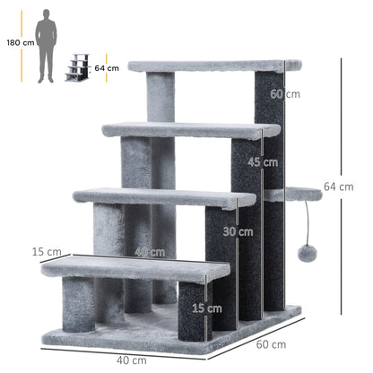 Cat Stairs 4-Step Pet Stairs with Scratching Posts Ball Dog Stairs Pet Stairs for Cats up to 5 kg Plush Jute Gray 60 x 40 x 64 cm