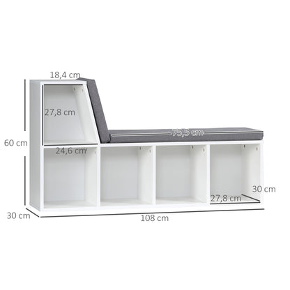 2-in-1 storage bench with 5 compartments and 2 cushions bookshelf storage shelf 108 x 30 x 60 cm white grey