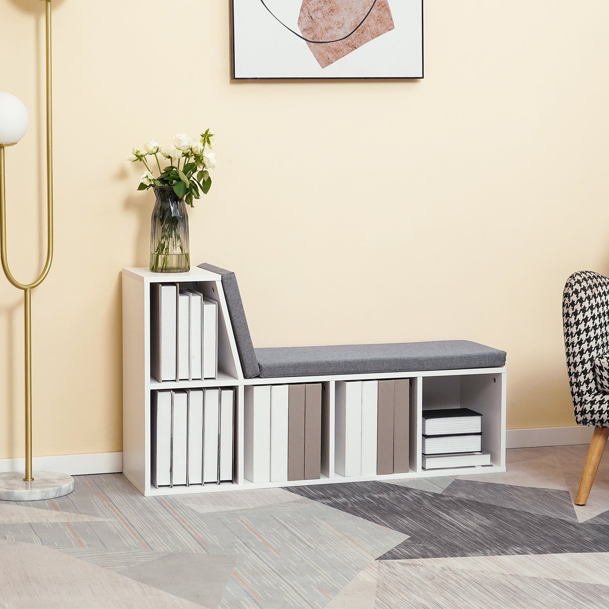 2-in-1 storage bench with 5 compartments and 2 cushions bookshelf storage shelf 108 x 30 x 60 cm white grey