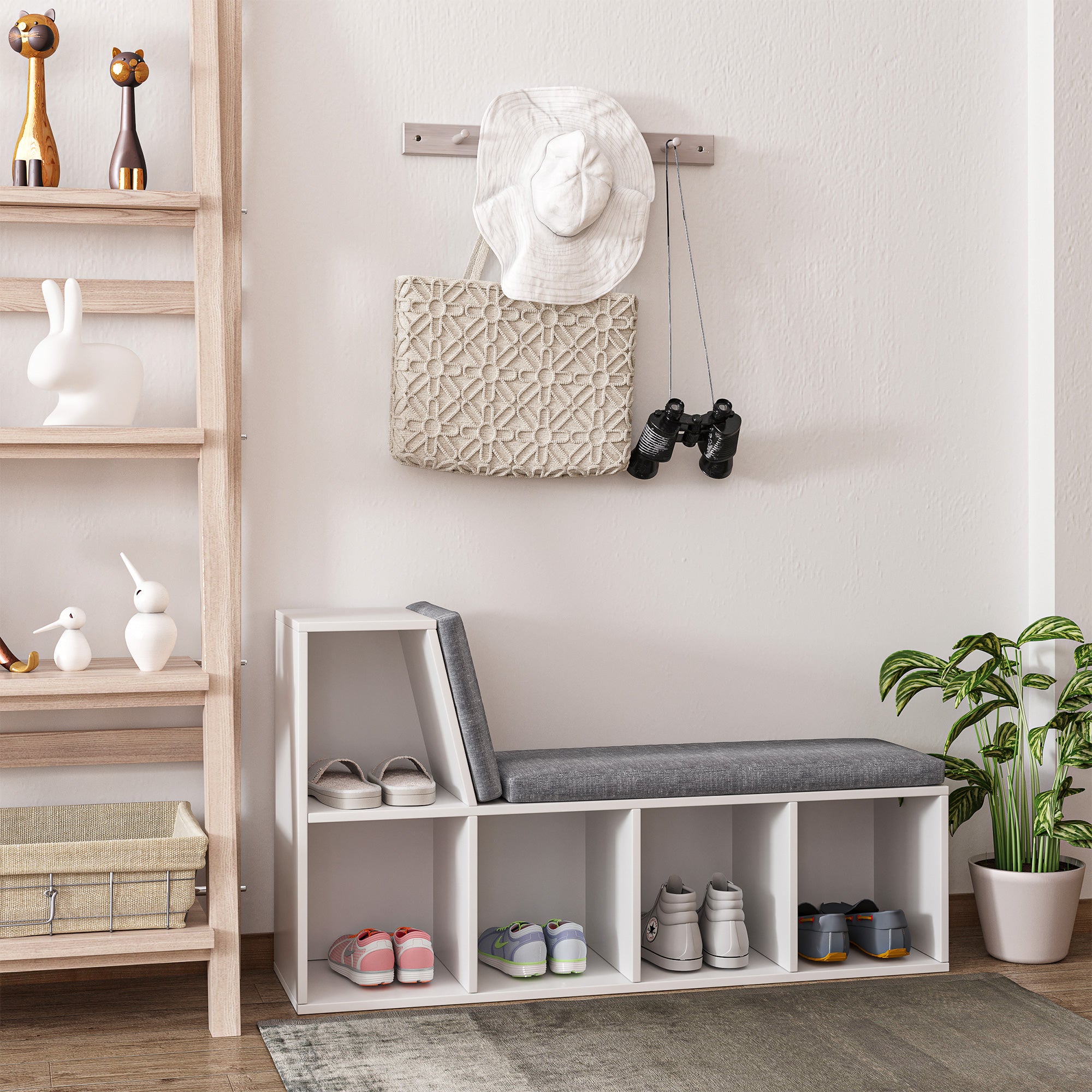 2-in-1 storage bench with 5 compartments and 2 cushions bookshelf storage shelf 108 x 30 x 60 cm white grey