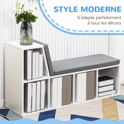 2-in-1 storage bench with 5 compartments and 2 cushions bookshelf storage shelf 108 x 30 x 60 cm white grey