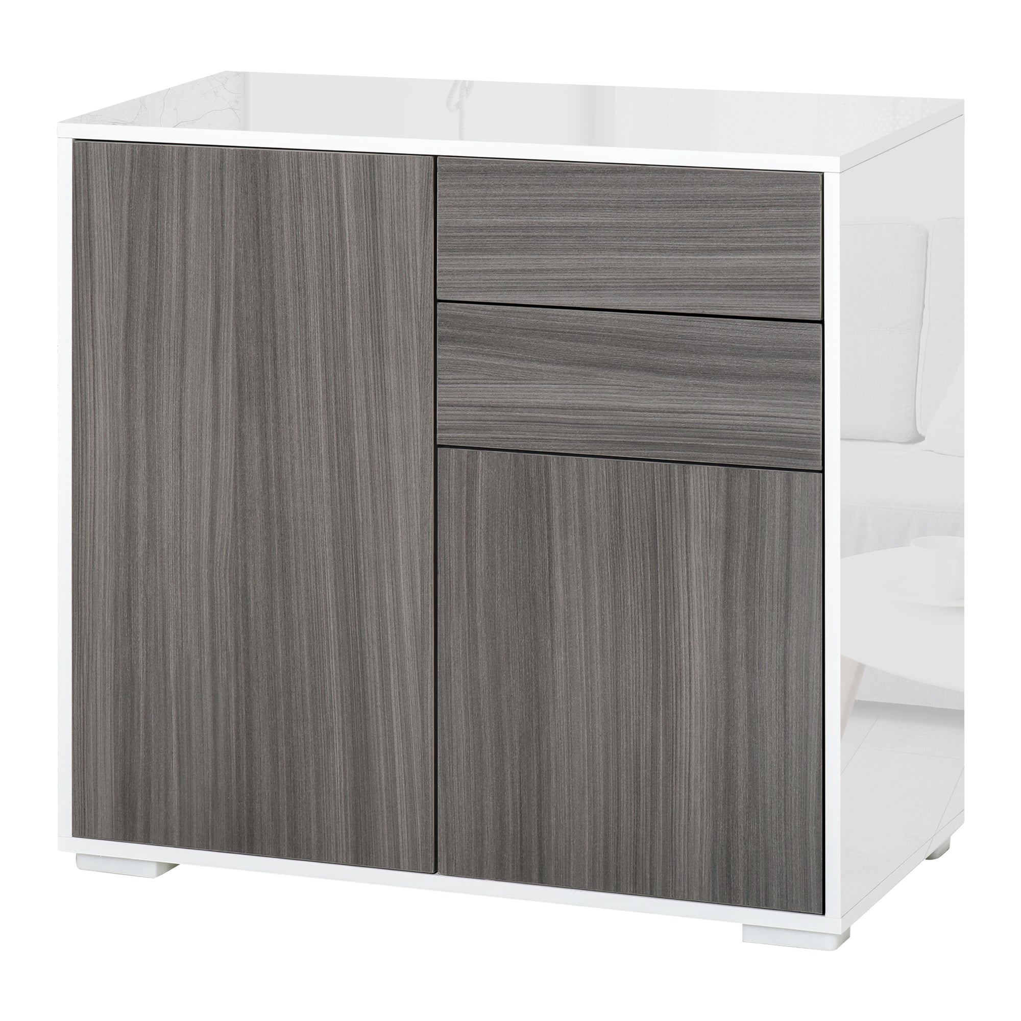 Kitchen Sideboard with 2 Doors 2 Drawers Glossy White Frame Adjustable Shelf Push-Open Storage Cabinet for Bedroom Living Room 31x14x29" Gray