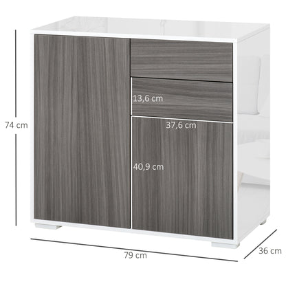 Kitchen Sideboard with 2 Doors 2 Drawers Glossy White Frame Adjustable Shelf Push-Open Storage Cabinet for Bedroom Living Room 31x14x29" Gray